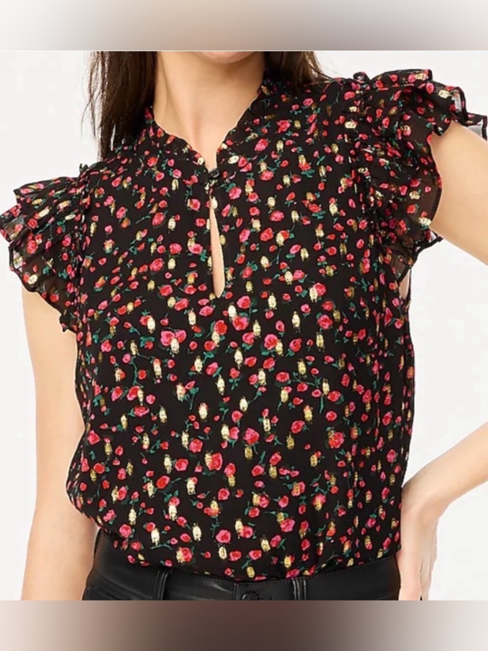 J. Crew Black Floral Ruffle Cap-Sleeve Blouse